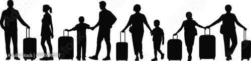 Black silhouettes of diverse people and families walking with suitcases and luggage bags isolated on white background for travel concept