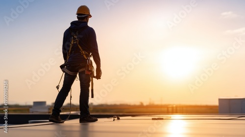A lone worker stands on a rooftop at sunset, wearing a helmet and harness, surveying the edge. by sunset glow now