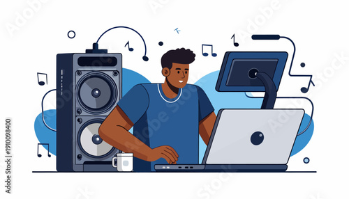 DJ Working on Music Composition with Laptop