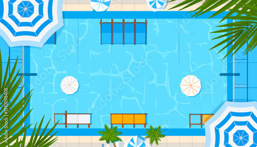 Swimming Pool Top View with Palm Trees