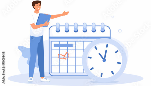 Man scheduling meeting, planning timeline with calendar and clock