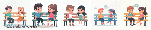vector two children sitting on a park bench talking together