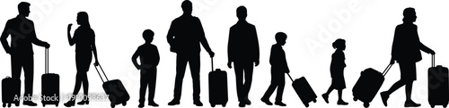 Black silhouettes of diverse people and families walking with suitcases and luggage bags isolated on white background for travel concept