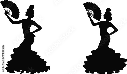 Black Silhouettes of Flamenco Dancers with Fans, Traditional Spanish Women in Ruffled Dresses Performing Traditional Dance Isolated on White Background Vector Illustration