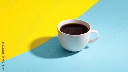 A white coffee mug filled with black coffee sits at the corner where blue and yellow backgrounds meet,