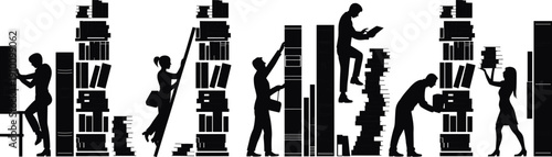 Black silhouettes of people reading and organizing books on tall shelves in a library or bookstore isolated on white background