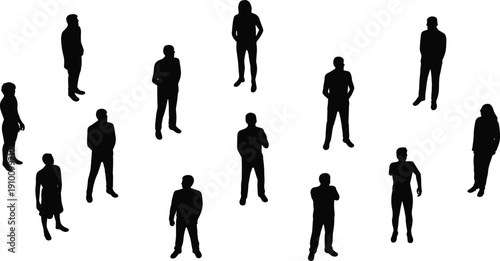Black silhouettes of people standing and waiting, isolated diverse crowd set for architectural rendering, urban group vector flat illustration design