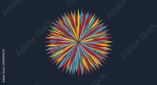 A vibrant, symmetrical burst of colorful spikes radiates outward from a central point, creating an abstract and dynamic visual against a dark background.