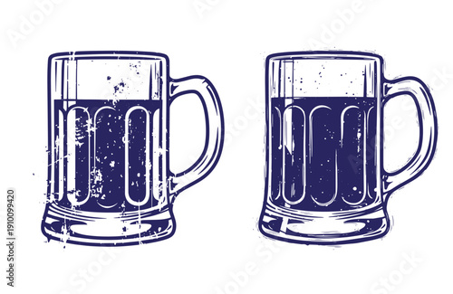 Grunge texture Two blue illustration beer mugs with dark liquid and handles on white background  beer glasses with froth Vintage Style