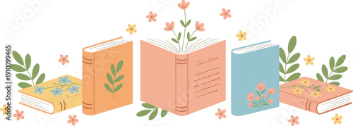 Horizontal collection of botanical books with blooming flowers and leaf motifs in a soft flat vector style,