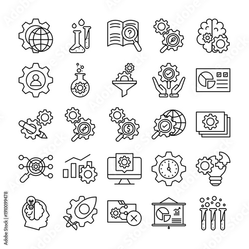 Research and Development Line Icon Pack – Innovation, Analysis & Laboratory Editable Stroke Vector Set (25 Icons)