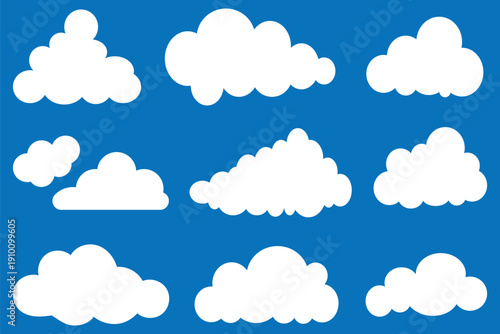 Cloud icon set. Cloud silhouette collection in cute flat cartoon style for web background. Nature sky, cloud pattern, fume or misty fog art. 