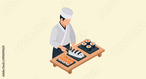 Isometric illustration of a sushi chef preparing various types of sushi and sashimi on a wooden counter.