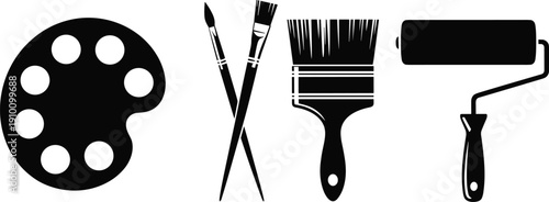 Black Vector Icon Set of Art and Painting Tools Including a Palette Paint Brushes and a Paint Roller