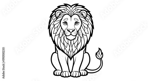 Lion sitting on ground looking forward.