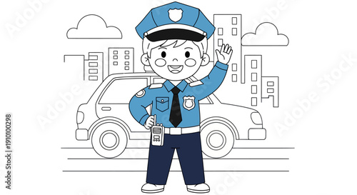 Smiling cartoon police officer waving hand.