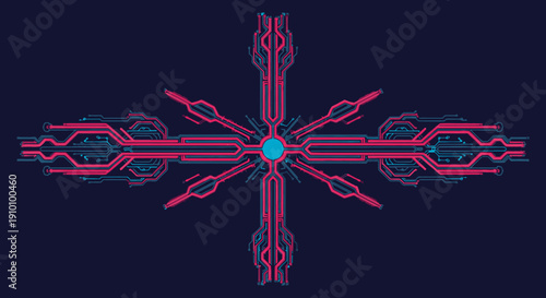 A vibrant, symmetrical digital art piece showcasing intricate circuit board patterns in striking magenta and blue, evoking futuristic technology and abstract design.