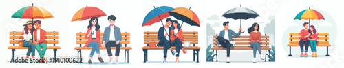 vector couple sitting on park bench with umbrella