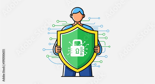 A person holding a green shield with a padlock, symbolizing digital security and data protection in a technological environment.