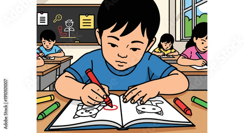 Boy drawing with colorful crayons book.