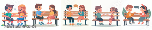 vector two children sitting on a park bench talking together