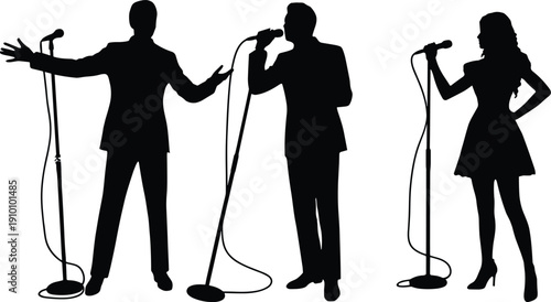 Black Vector Silhouettes of Male and Female Singers Performing With Microphones for Music Entertainment Concert and Karaoke Graphic Design