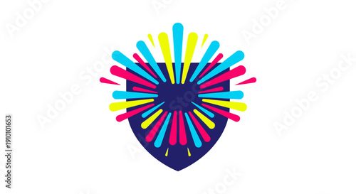A vibrant graphic illustration displays a dark blue shield with dynamic, colorful cyan, magenta, and yellow bursts radiating outwards, symbolizing energetic protection and celebration.
