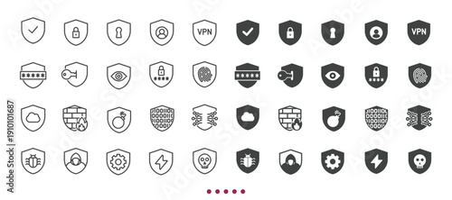 Shield defense icons collection. Multi series icons. Line and glyph solid web icons collection.