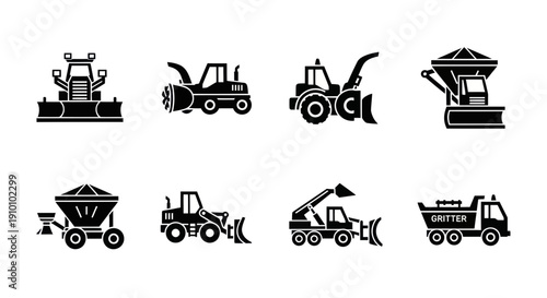 Winter Snow Removal Equipment Icons: Snowplow, Snow Blower, Grader, Spreader