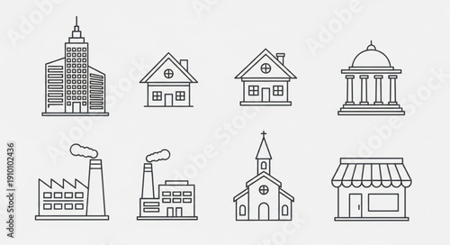 Collection of diverse building outlines for architectural design.