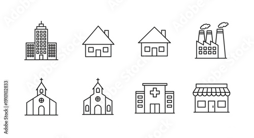 Collection of simple line art building icons for design.