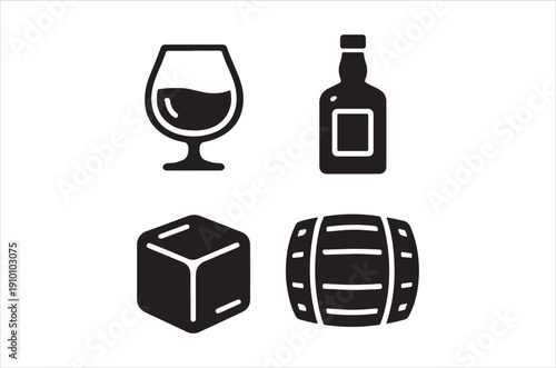 Simple black icons depicting a wine glass bottle ice cube and barrel