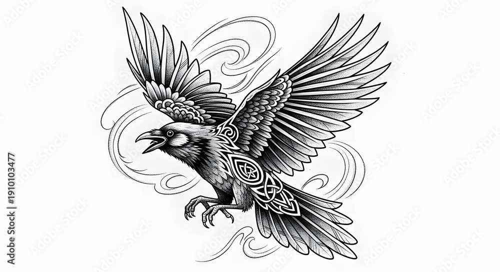 Obraz premium Detailed black and white stippling art of a flying crow with celtic knot patterns