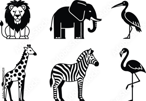 Set of minimalist black and white African safari animal icons including lion elephant giraffe zebra flamingo and stork isolated on white background vector illustration