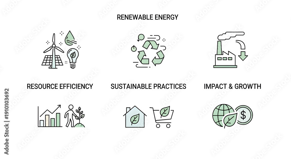 Fototapeta premium Renewable energy icons set with efficiency sustainability growth and eco-friendly concepts