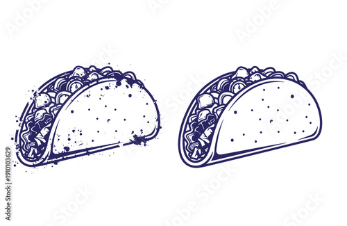 Grunge texture Two tacos with various fillings and toppings in a sketch style on white background  Mexican food Vintage Style