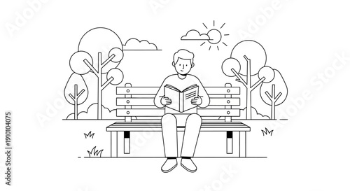 Line art illustration of a man sitting on a park bench and reading a book on a sunny day.