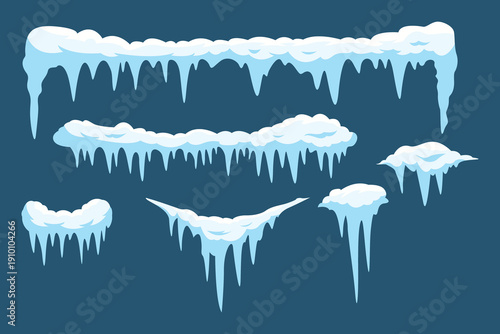 Ice snow frames. Cartoon frozen borders with icicles and snow caps.