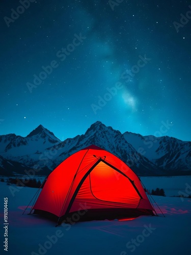 Red tent glows under blue hour sky, snow peaks loom, Milky Way above, quiet solitude,  nocturnal,  boreal