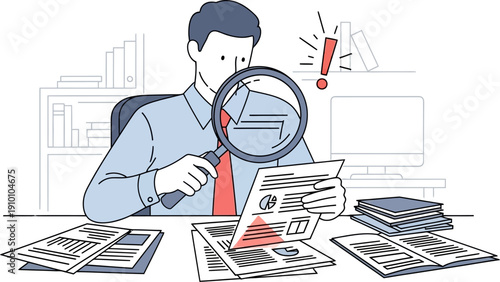 A professional man meticulously examining documents with a magnifying glass, highlighting attention to detail and problem-solving in an office environment.