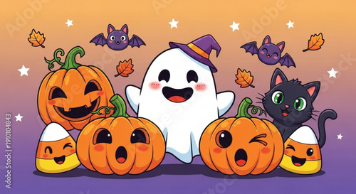 Happy halloween characters with pumpkins ghost black cat bats and autumn leaves on orange background