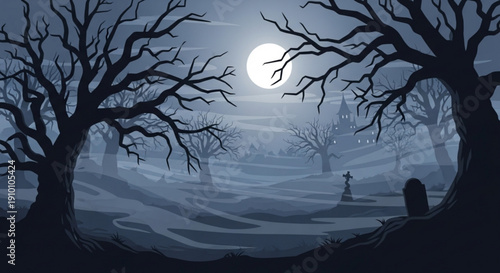 Spooky moonlit graveyard with bare trees and foggy atmosphere on a dark night