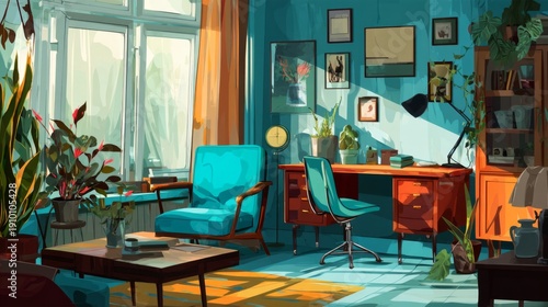 Cozy and Modern Interior Design with Bright Colors and Houseplants in Sunlit Workspace of a Stylish Home Office