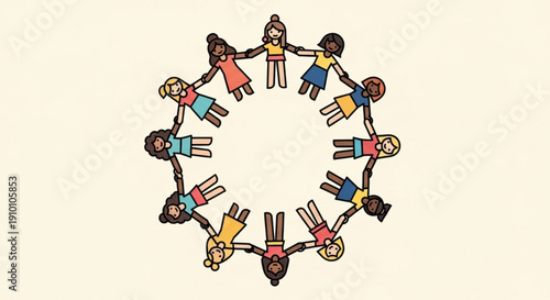 Diverse children holding hands in a circle unity and friendship concept illustration