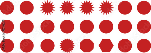 Set of twenty-four red circular and starburst sticker labels for retail sales and digital UI notifications