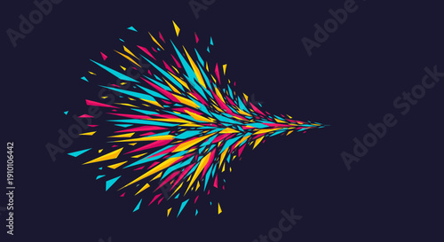 A vibrant burst of abstract, sharp geometric shapes in a dynamic flow, creating an energetic and modern artistic background on a dark canvas.