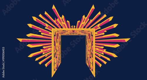 A dynamic abstract geometric archway bursts with warm yellow, orange, and magenta rays against a deep blue, representing a vibrant gateway or portal.