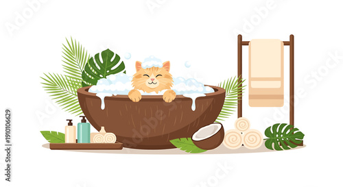 Cute ginger cat relaxing in a coconut bath with tropical leaves.