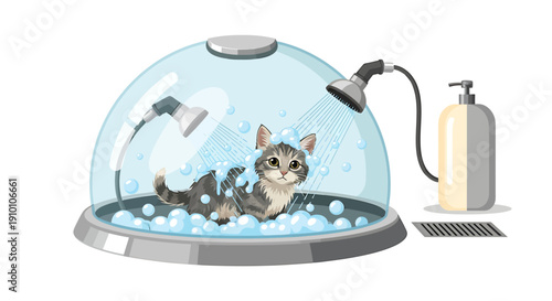 Cute kitten enjoying a bubble bath in a modern grooming station.