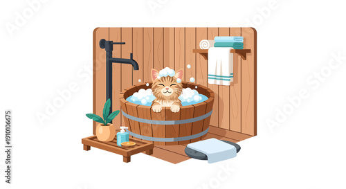 Cute kitten enjoying a bubbly bath in a wooden tub.